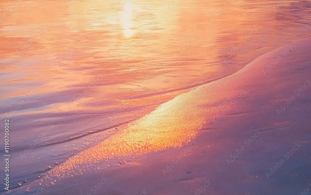 A serene sunset on a beach with warm orange and pink hues reflecting on the water and smooth sand