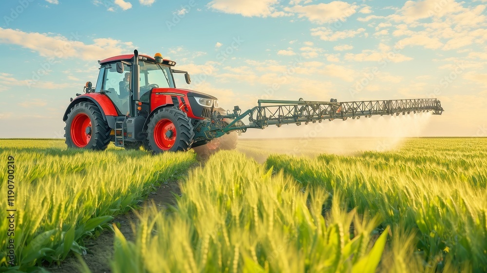Tractor Applying Spraying Solutions in Lush Green Soybean Field During Vibrant Spring Season