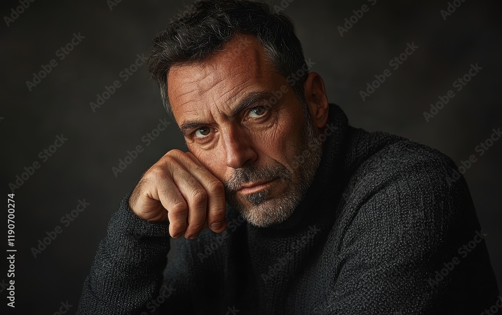 Fototapeta premium A serious man with a pensive expression on a dark gray background