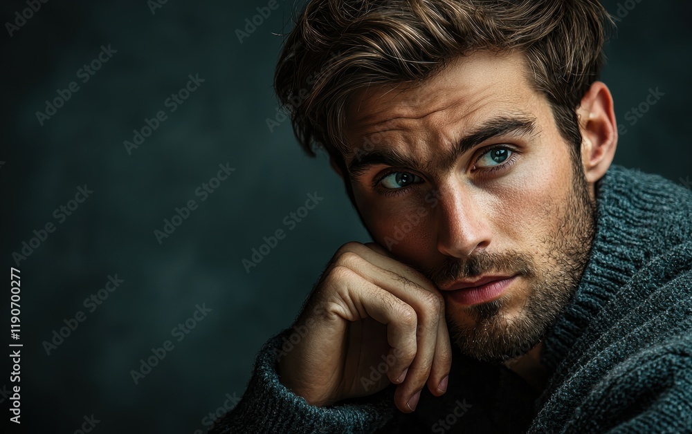 Fototapeta premium A serious man with a pensive expression on a dark gray background