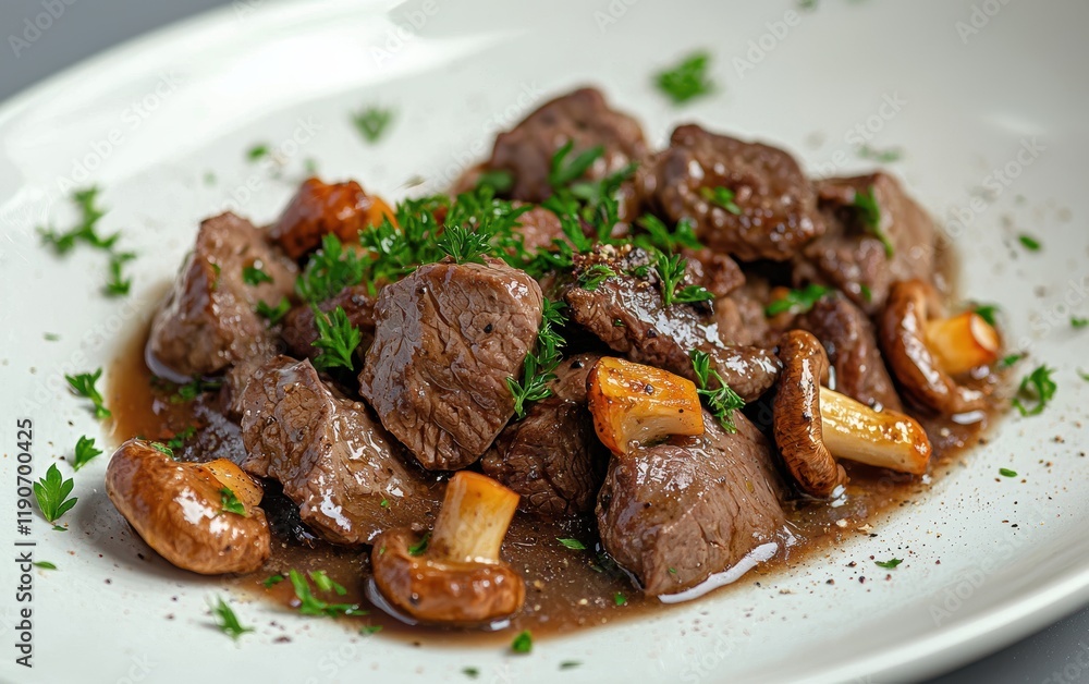A serving of beef stroganoff with flying mushrooms and parsley on a pastel gray surface A serving of beef stroganoff with flying mushrooms and parsley on a pastel gray surface