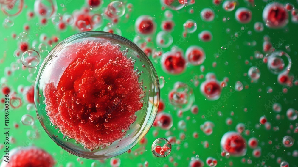 Fototapeta premium Colorful representation of microscopic cells in bubbles, illustrating concepts in science and healthcare related research