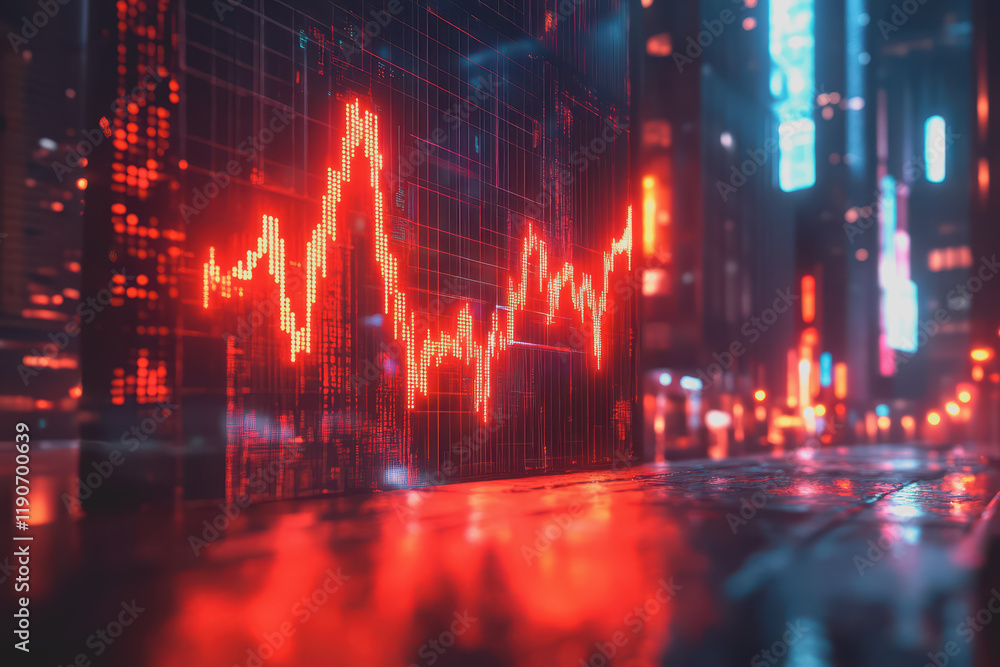 Naklejka premium Business crisis, holographic price reduction, futuristic economic downturn, neon interface.