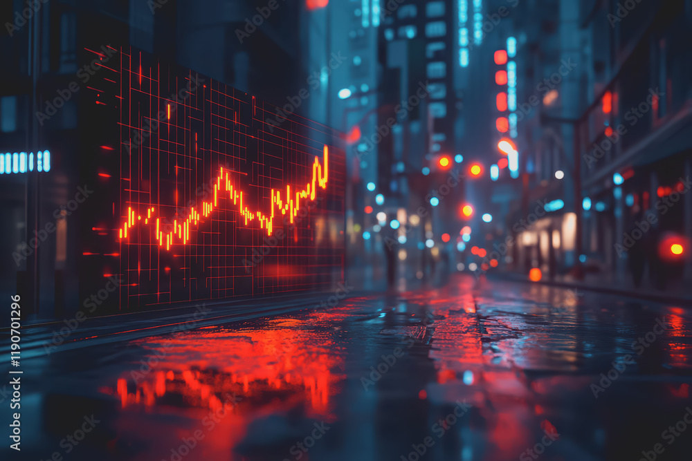 Naklejka premium Business crisis, holographic price reduction, futuristic economic downturn, neon interface.