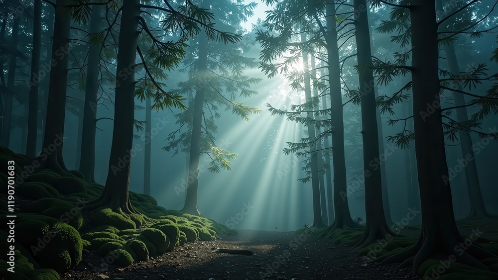 Naklejka premium A misty forest path emerges at eye level, with verdant moss-adorned trees framing its enigmatic route to an unseen destination