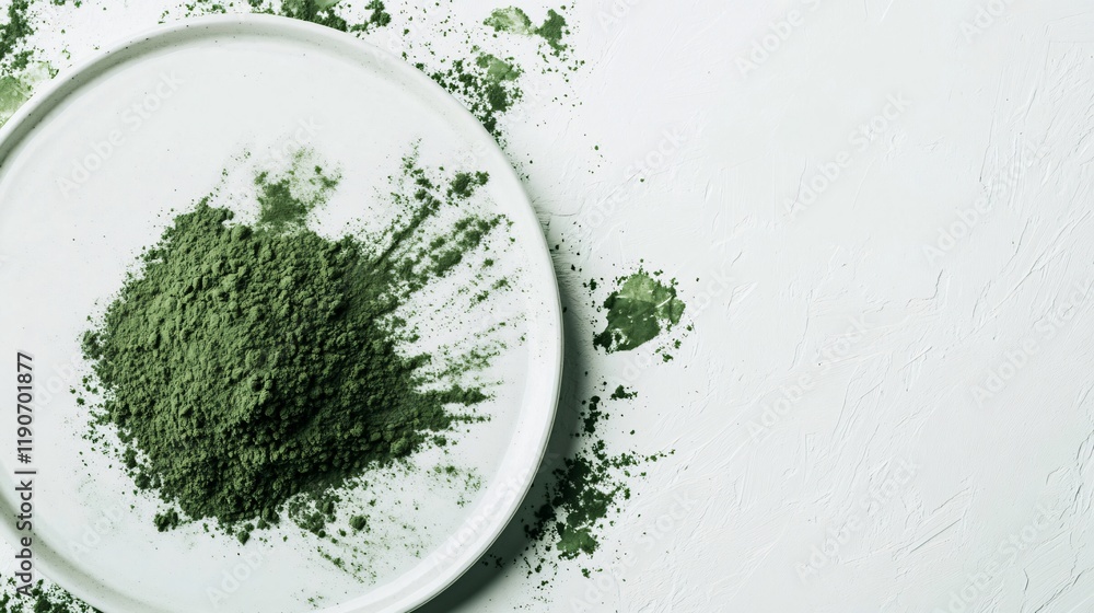 Close up of loose wheatgrass powder on a pristine white ceramic dish, isolated Close up of loose wheatgrass powder on a pristine white ceramic dish, isolated