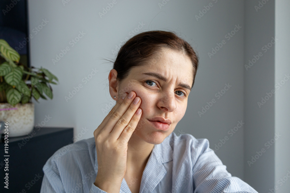 Worried woman touching her face, showing concern or health discomfort Worried woman touching her face, showing concern or health discomfort