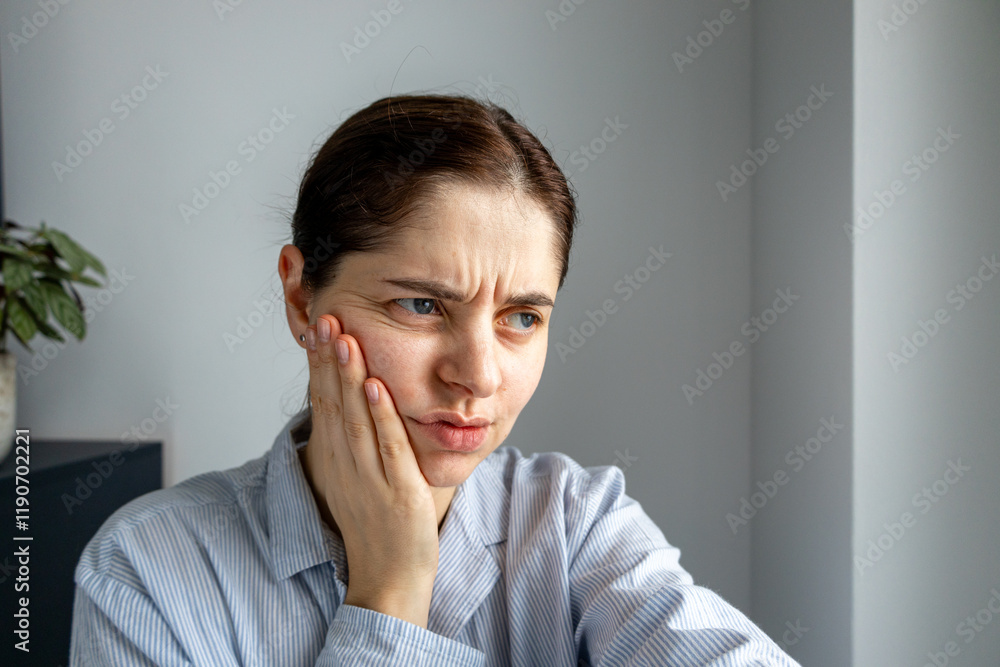 Young woman in striped shirt feeling pain in her jaw, indicating dental discomfort Young woman in striped shirt feeling pain in her jaw, indicating dental discomfort