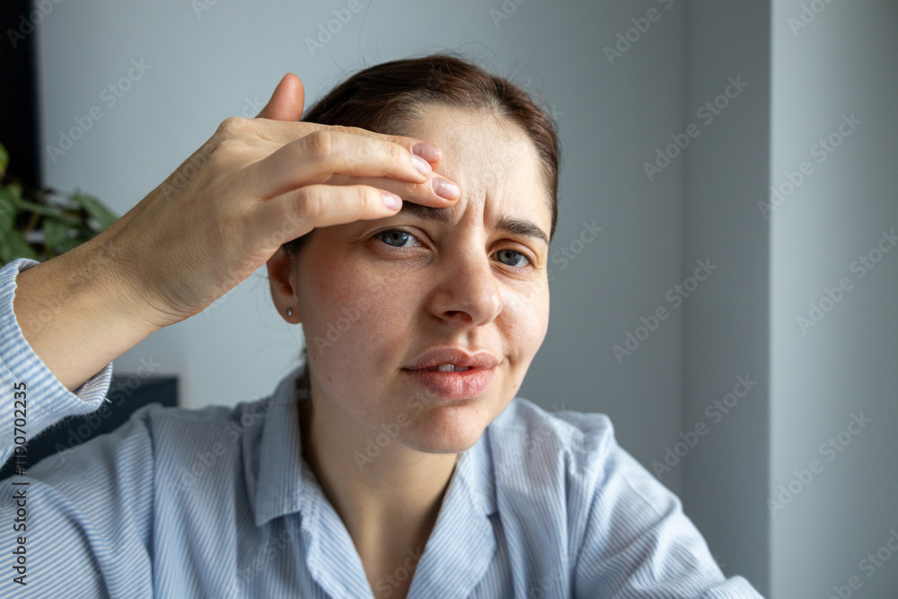 Close-up portrait of a makeup-free woman touching her forehead wrinkles, celebrating natural aging Close-up portrait of a makeup-free woman touching her forehead wrinkles, celebrating natural aging