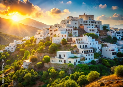 Naxos Island, Greece: Stunning Bokeh Photo of Whitewashed Koronos Village Houses on Lush Green Hills