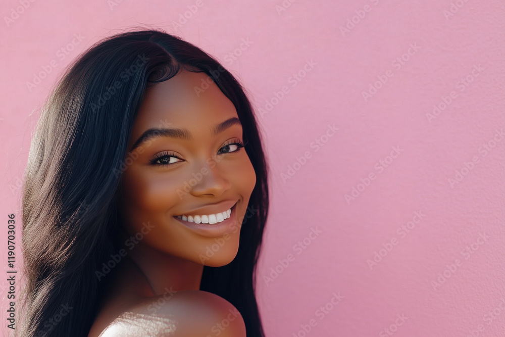 a banner showcasing a young woman with flawless, black, long hair. Her smile and vibrant appearance are enhanced by a pink background a banner showcasing a young woman with flawless, black, long hair. Her smile and vibrant appearance are enhanced by a pink background