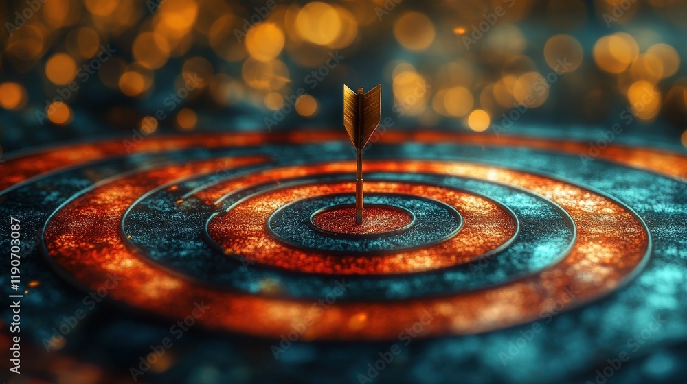 Businessman Aiming Arrow at Virtual Target on Dartboard in Vibrant Bokeh Background for Conceptual Focus and Achievement Themes Businessman Aiming Arrow at Virtual Target on Dartboard in Vibrant Bokeh Background for Conceptual Focus and Achievement Themes