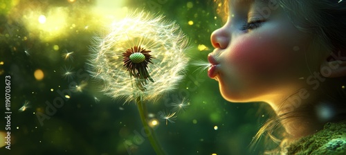 Little Girl s Wish Close-Up Of A Child Blowing Dandelion Seeds On Sunny Green Background. photo