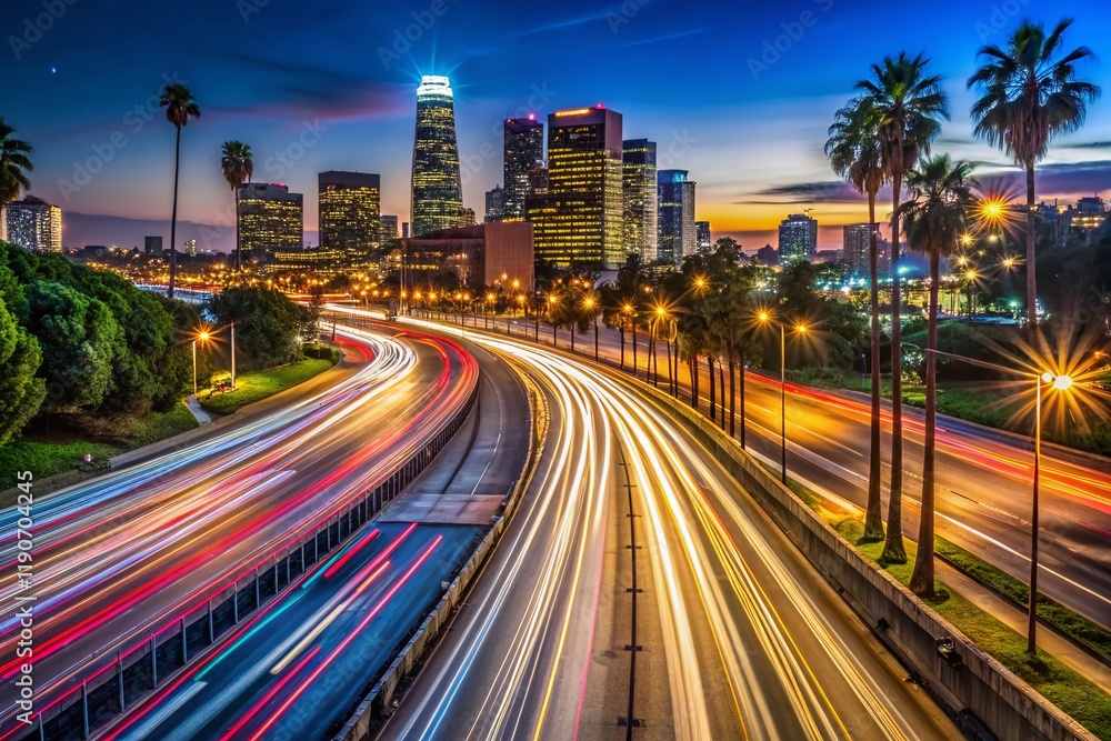Fototapeta premium Night Drive Time Lapse: Downtown LA Harbor & Pasadena Freeways - Vertical POV