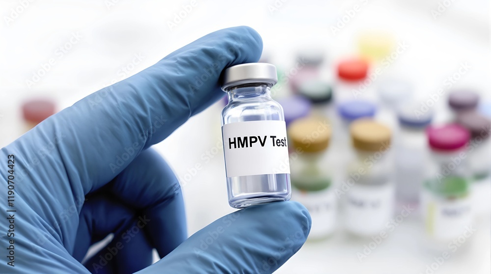 Gloved Hand Holding 'HMPV Test' Vial Amidst Samples in a Laboratory Gloved Hand Holding 'HMPV Test' Vial Amidst Samples in a Laboratory