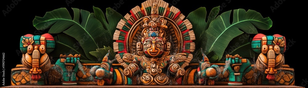 custom made wallpaper toronto digitalIntricate Aztec-Inspired Sculpture Surrounded by Lush Jungle Foliage in Vibrant Colors