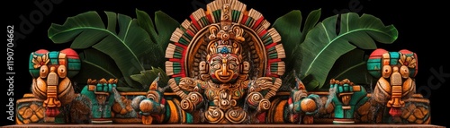 Wallpaper Mural Intricate Aztec-Inspired Sculpture Surrounded by Lush Jungle Foliage in Vibrant Colors Torontodigital.ca