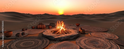 Sunset Campfire in Desert with Woven Mats and Pots