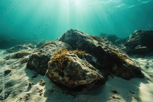 Highquality DSLR photo of seaweedcovered rocky seabed in sunlight photo