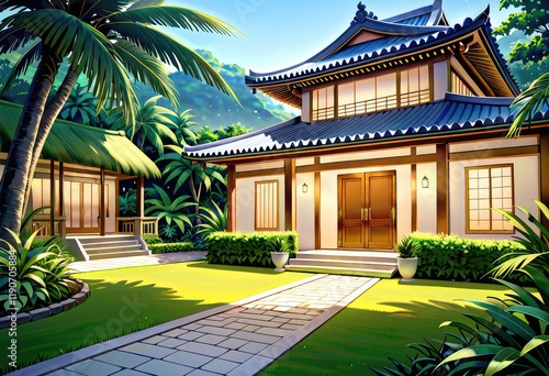 A serene Asianinspired outdoor landscape with traditional architecture for calmness