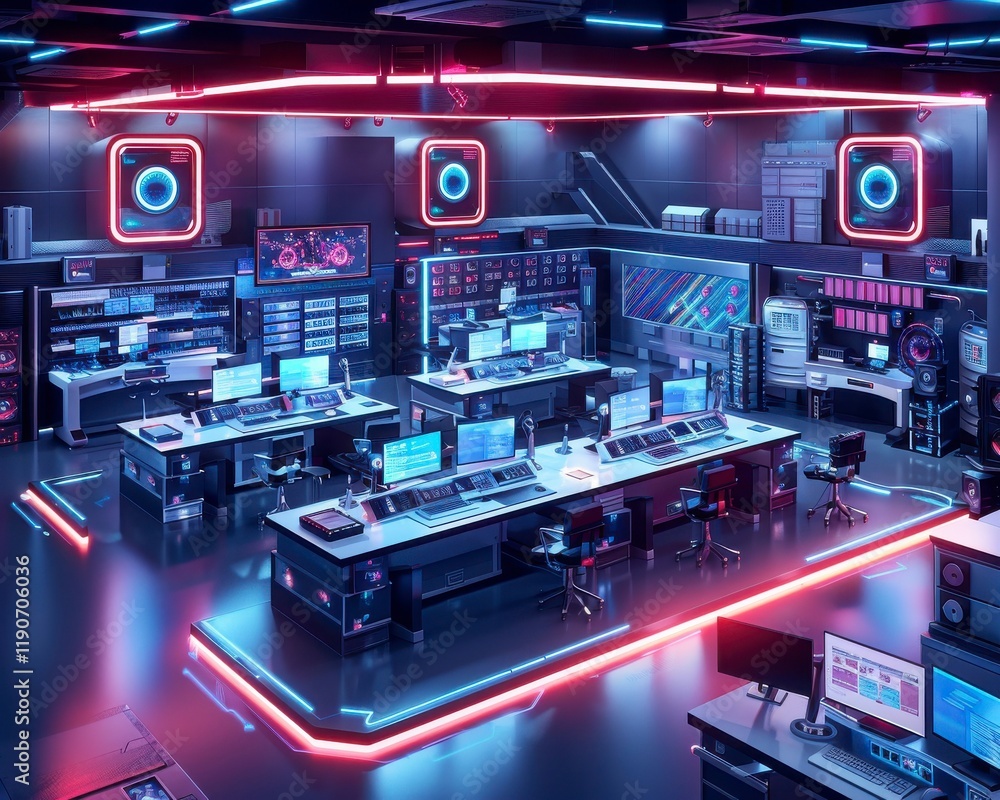A sleek, modern tech workspace featuring multiple computers, vibrant neon lighting, and a futuristic design. A sleek, modern tech workspace featuring multiple computers, vibrant neon lighting, and a futuristic design.
