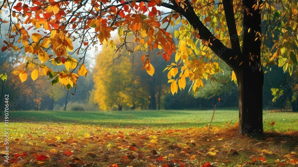Vibrant autumn landscape with colorful leaves, tranquil park setting, and sunlit paths through nature Vibrant autumn landscape with colorful leaves, tranquil park setting, and sunlit paths through nature