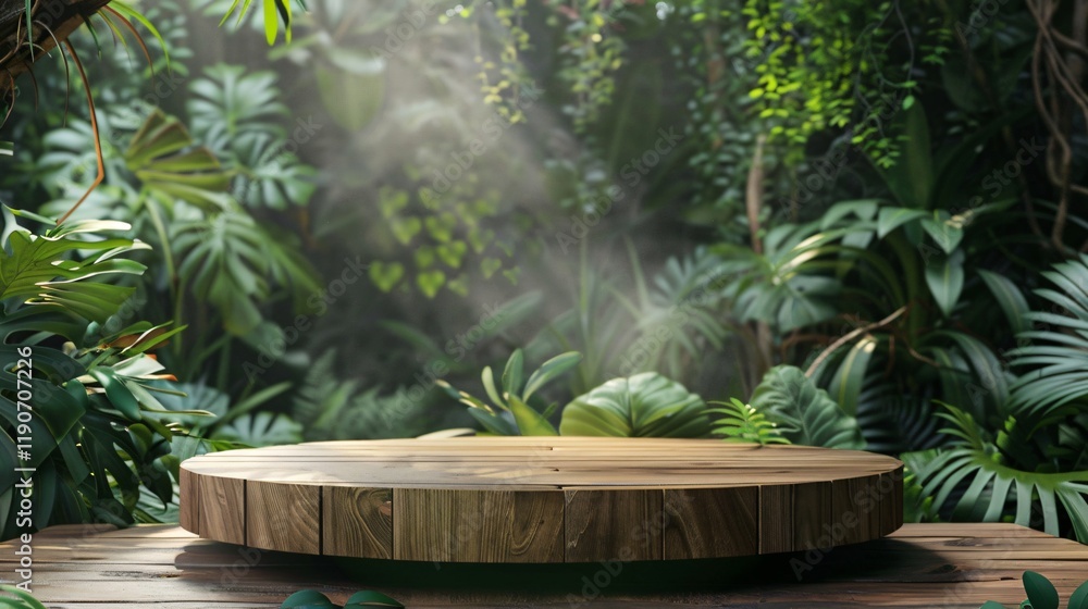 Wooden product display podium in jungle forest Wooden product display podium in jungle forest