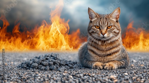 Serene Cat Amidst Fiery Inferno: A Dramatic Composition photo