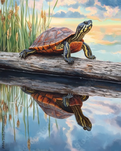 A vibrant image of a marsh turtle basking on a log, surrounded by cattails and calm water photo