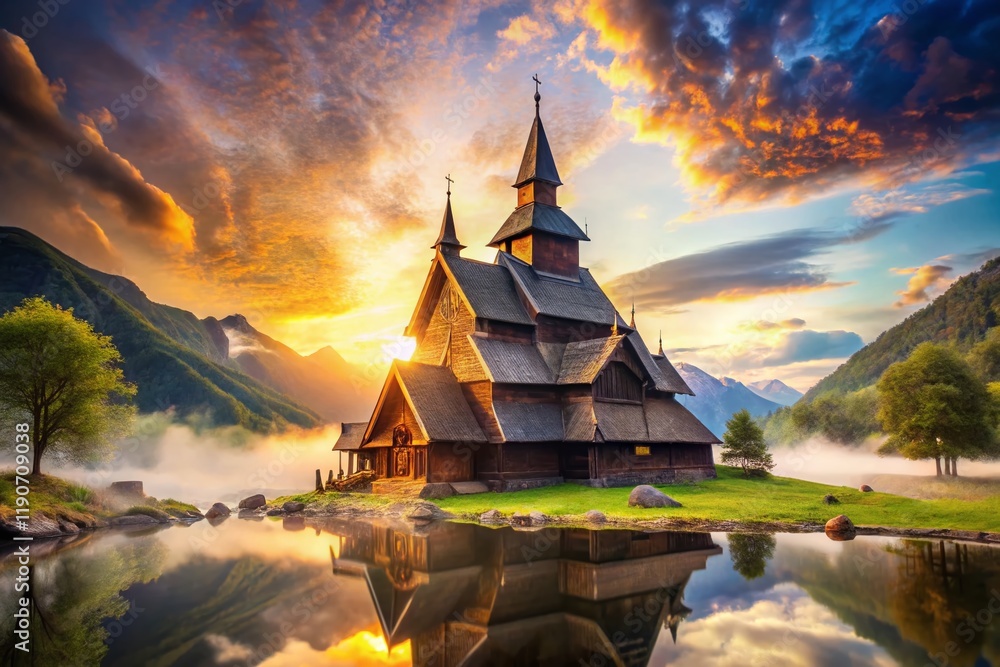Fototapeta premium Norway Wooden Stave Church Double Exposure - Mystical Nordic Landscape