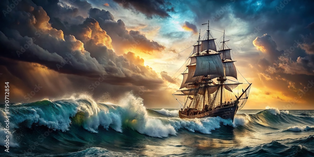 Obraz premium Dramatic Sailing Ship Battling Stormy Waves at Sea - Stock Photo