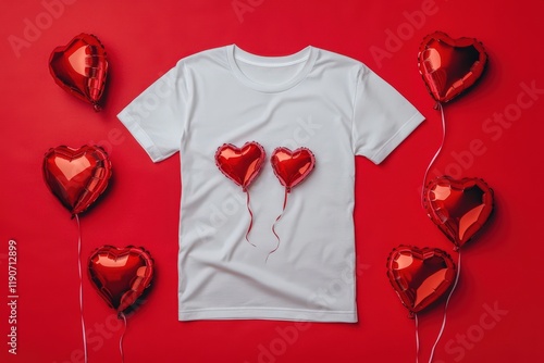 White TShirt Surrounded By Red Heart Balloons photo