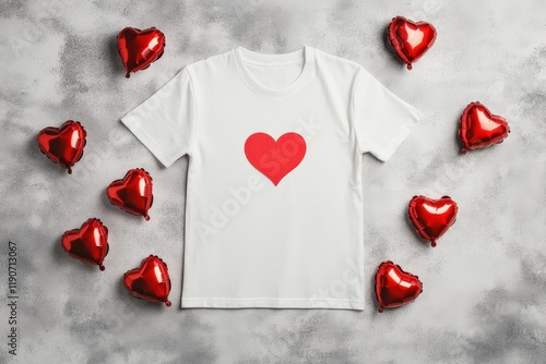 White Tshirt Surrounded by Red Heart Balloons photo