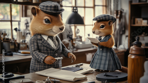 Beaver and squirrel dressed up as tailors in tailor shop
