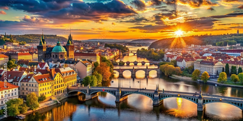 Obraz premium Panoramic Aerial View of Prague Cityscape, Czech Republic - Stunning Drone Photography