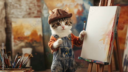 Cute cat in a hat as a painter