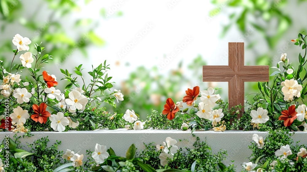 Fototapeta premium Peaceful Serenity: A Wooden Cross Amidst Blooming Flowers