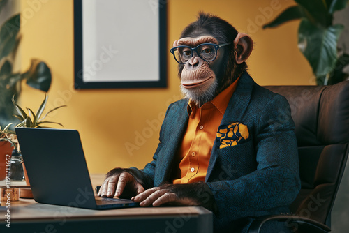 monkey wearing modern and stylish outfit sitting at his office desk and looking at his laptop