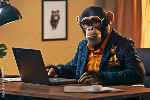 monkey wearing modern and stylish outfit sitting at his office desk and looking at his laptop