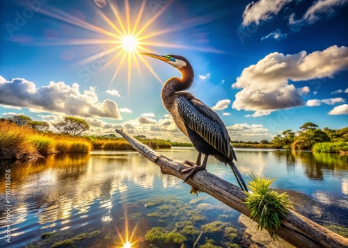 Panoramic Australian Darter Bird in Natural Habitat,  Stunning Wildlife Photography photo