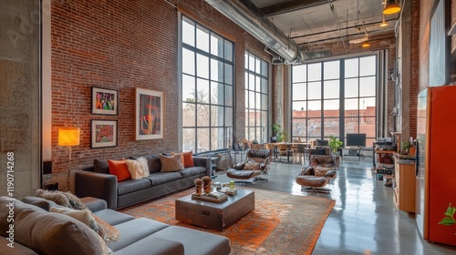 Wallpaper Mural A vibrant industrial loft with exposed brick walls, large windows, and modern furniture in warm tones Torontodigital.ca