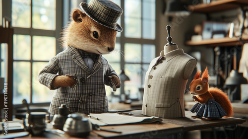 Beaver and squirrel dressed up as tailors in tailor shop