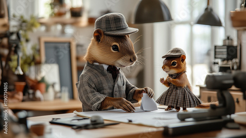Beaver and squirrel dressed up as tailors in tailor shop