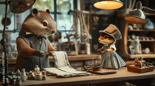 Beaver and squirrel dressed up as tailors in tailor shop