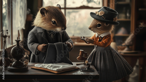 Beaver and squirrel dressed up as tailors in tailor shop