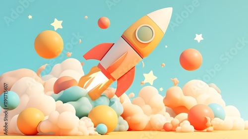 3D render of a toy rocket with playful colors, suitable for educational or entertainment contexts.