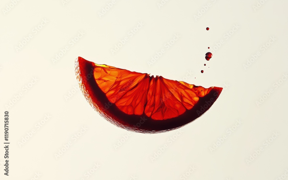 A wedge of blood orange floating mid-motion with its deep red and orange hues contrasting on a clean white backdrop