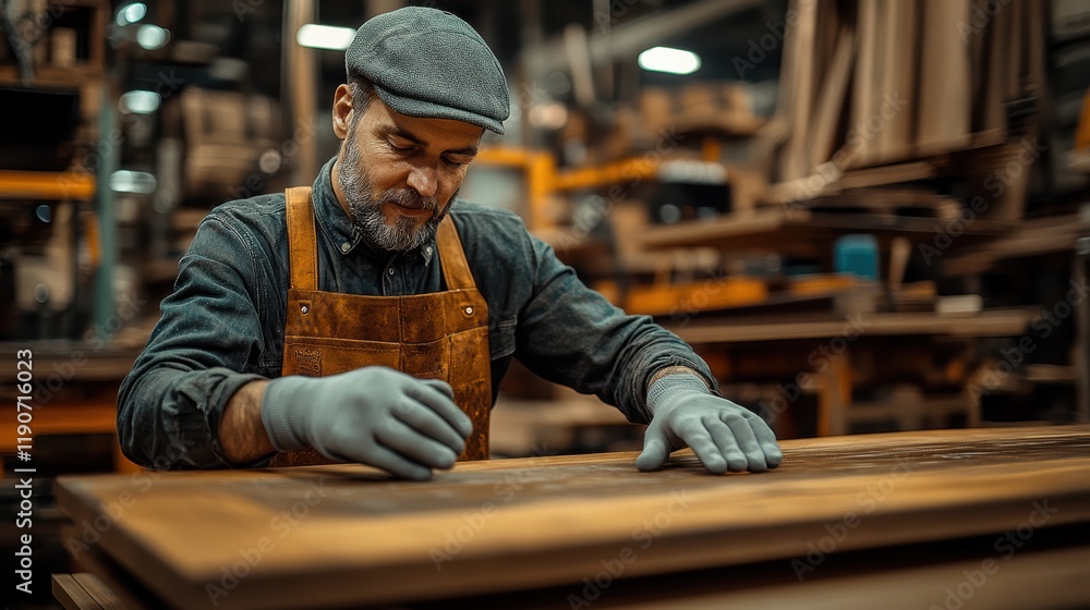 A focused carpenter meticulously sands a wooden tabletop in a workshop filled with tools and materials during the evening hours. His careful technique highlights skilled craftsmanship A focused carpenter meticulously sands a wooden tabletop in a workshop filled with tools and materials during the evening hours. His careful technique highlights skilled craftsmanship