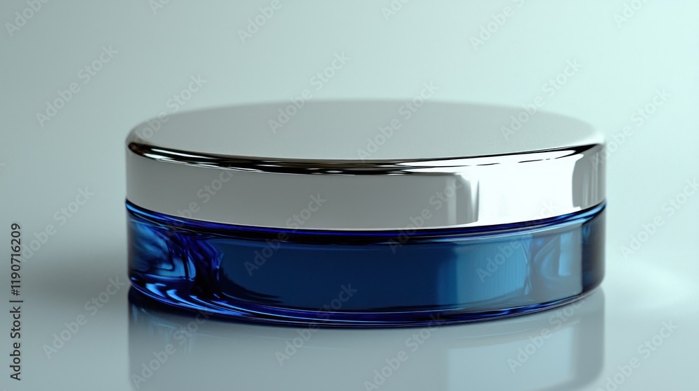 Blue glass cosmetic jar with silver lid on reflective surface. Blue glass cosmetic jar with silver lid on reflective surface.