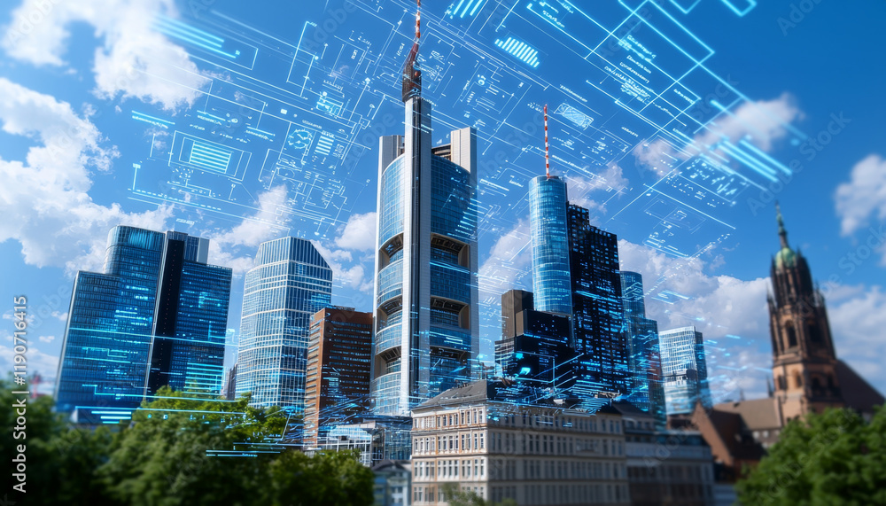 Obraz premium Business model disruption innovation. Futuristic cityscape with digital overlays and skyscrapers under blue sky